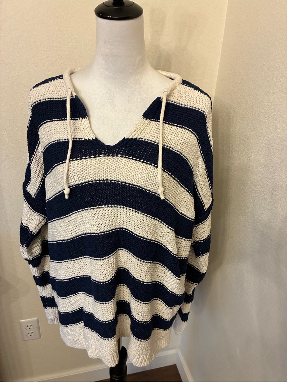 Lands' End Navy and Cream Striped V-Neck Hoodie Sweater
